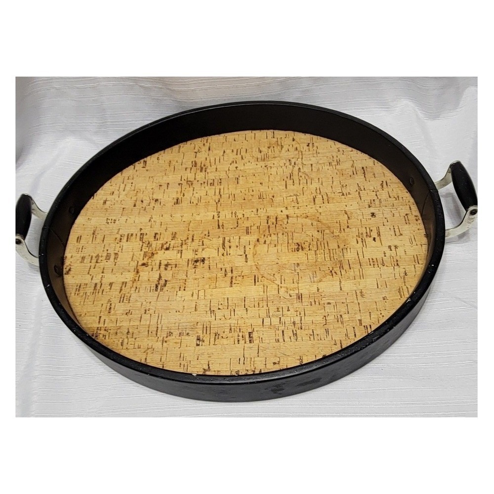 Vintage Round Cork Large Serving Tray Brown vinyl Rim Handles Mid Century Modern